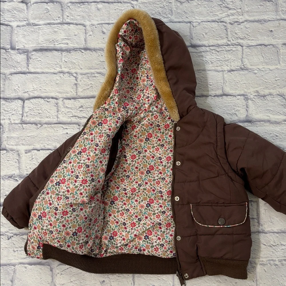 Oshkosh Reversible Convertible Puffer Jacket Vest Brown Pink Floral Girls Size 6